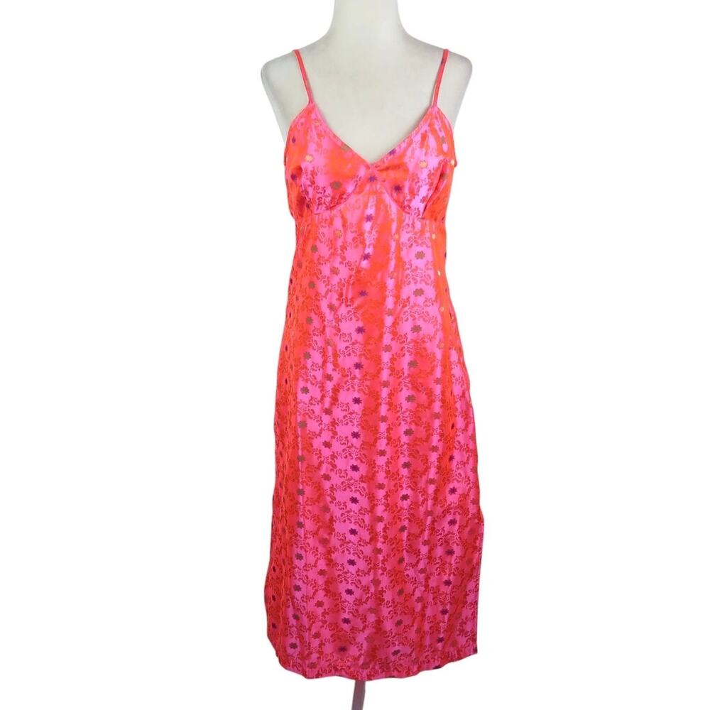 VTG Free People Pink and Orange Floral Satin Midi Slip Dress